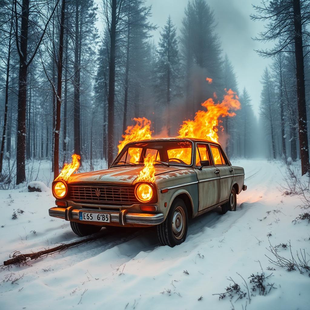 Lada on fire in snowy forest