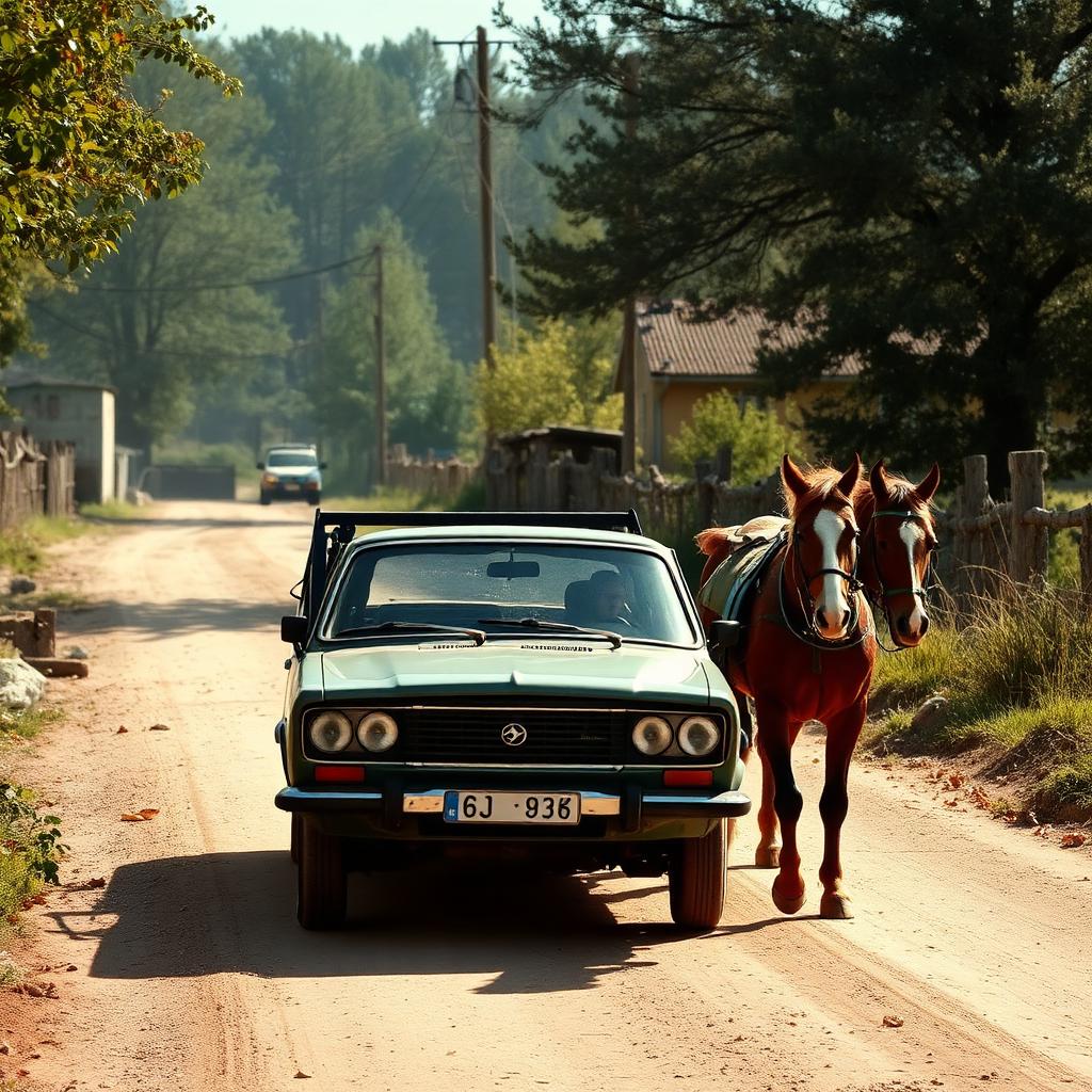Lada towed by horse