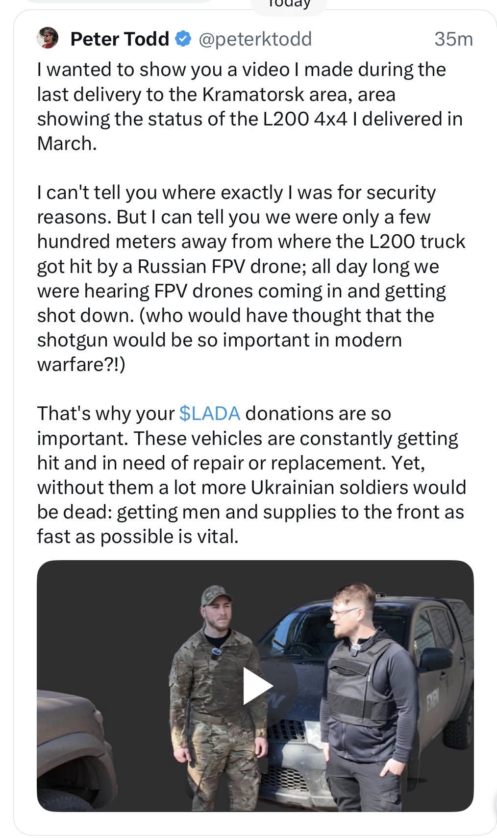 Peter Todd tweet about L200 4x4 delivery to Kramatorsk