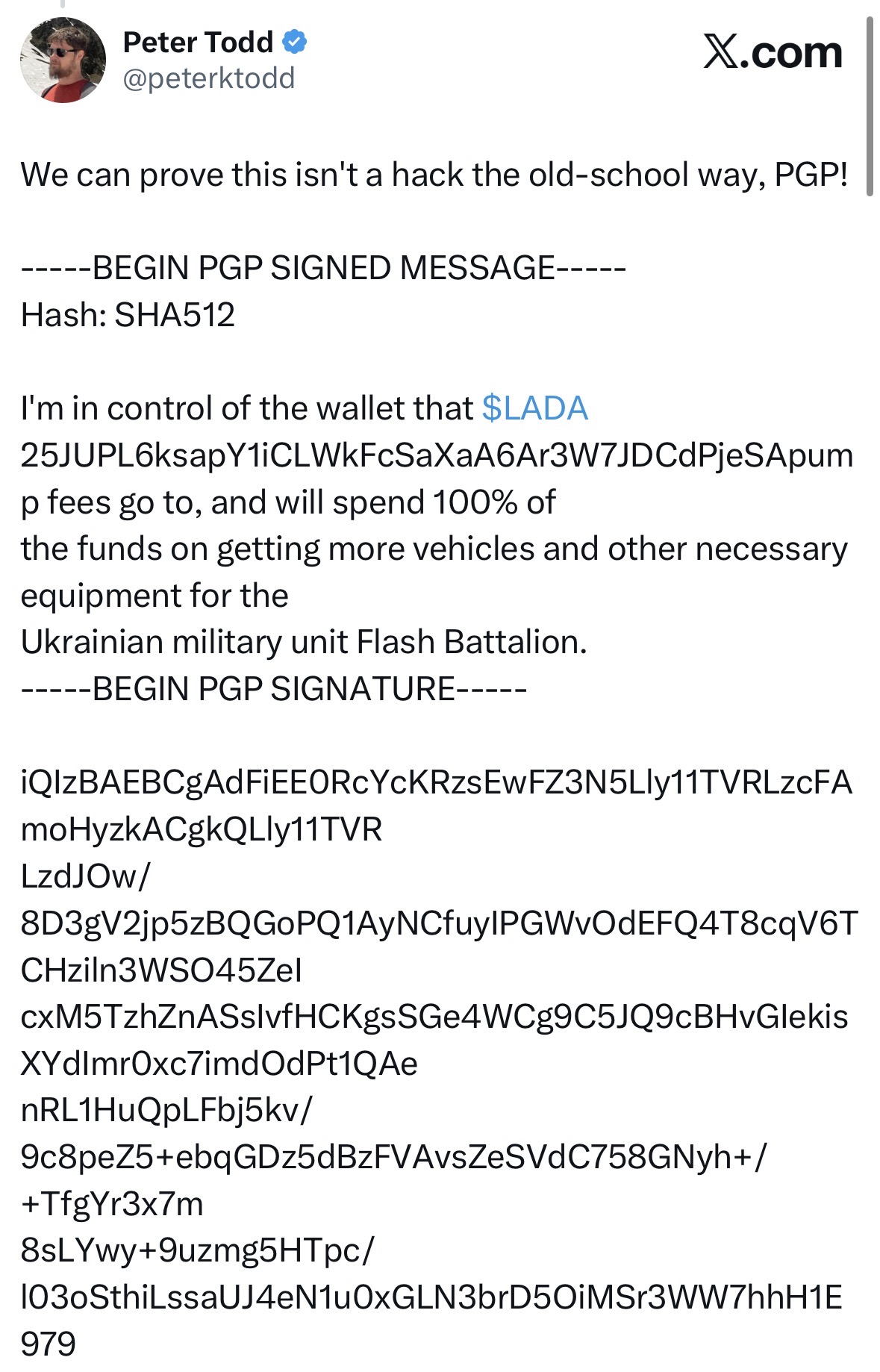 Peter Todd PGP-signed message confirming $LADA wallet control