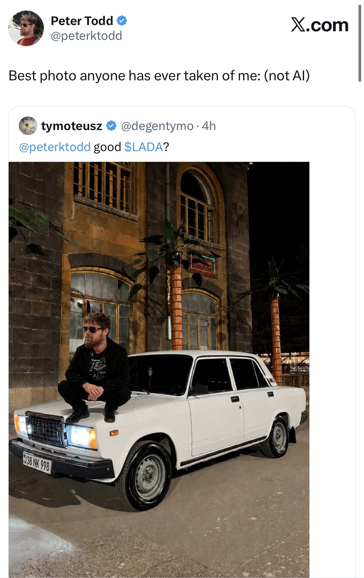 Peter Todd on a white Lada — best photo (not AI)