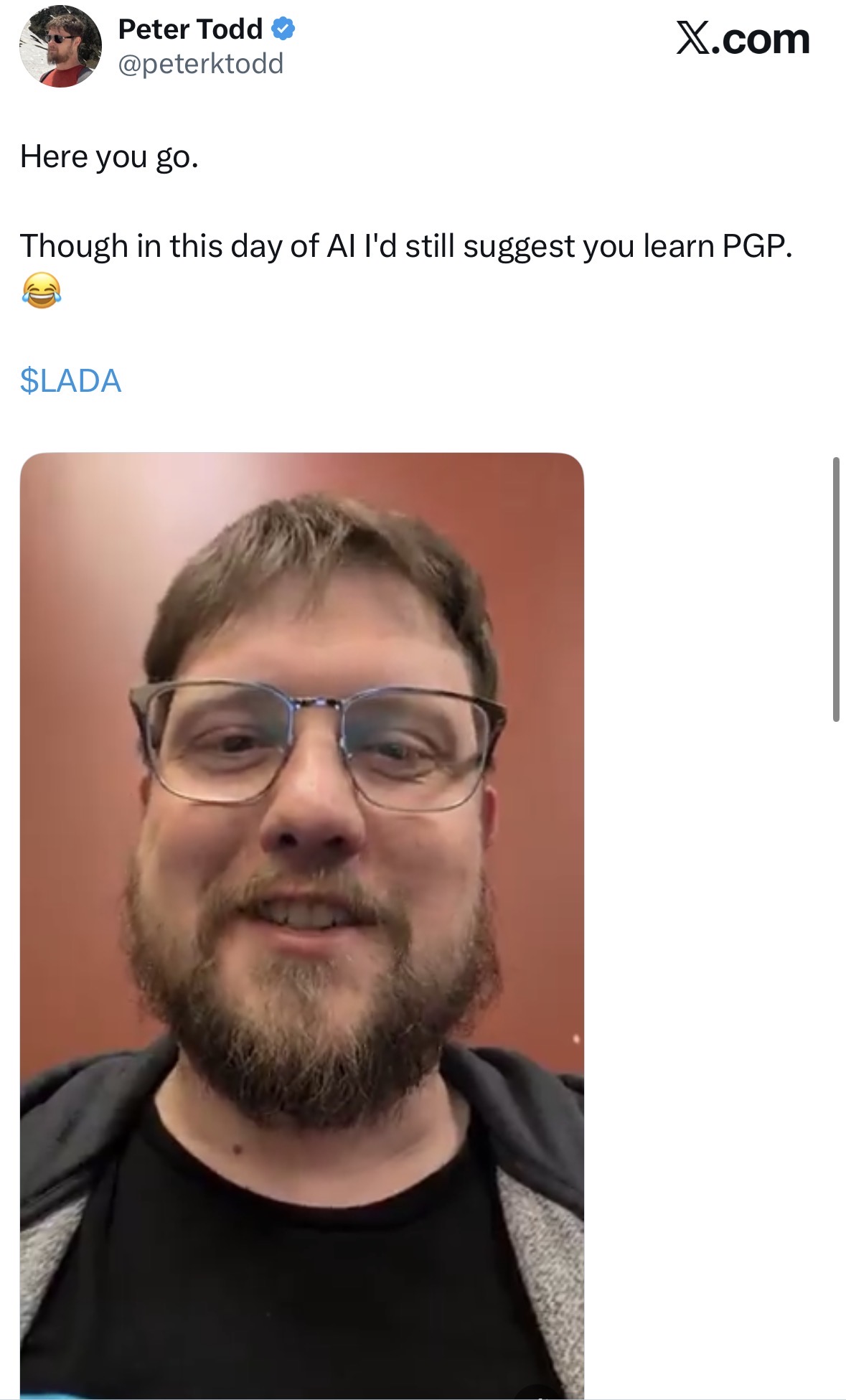 Peter Todd selfie tweet — learn PGP